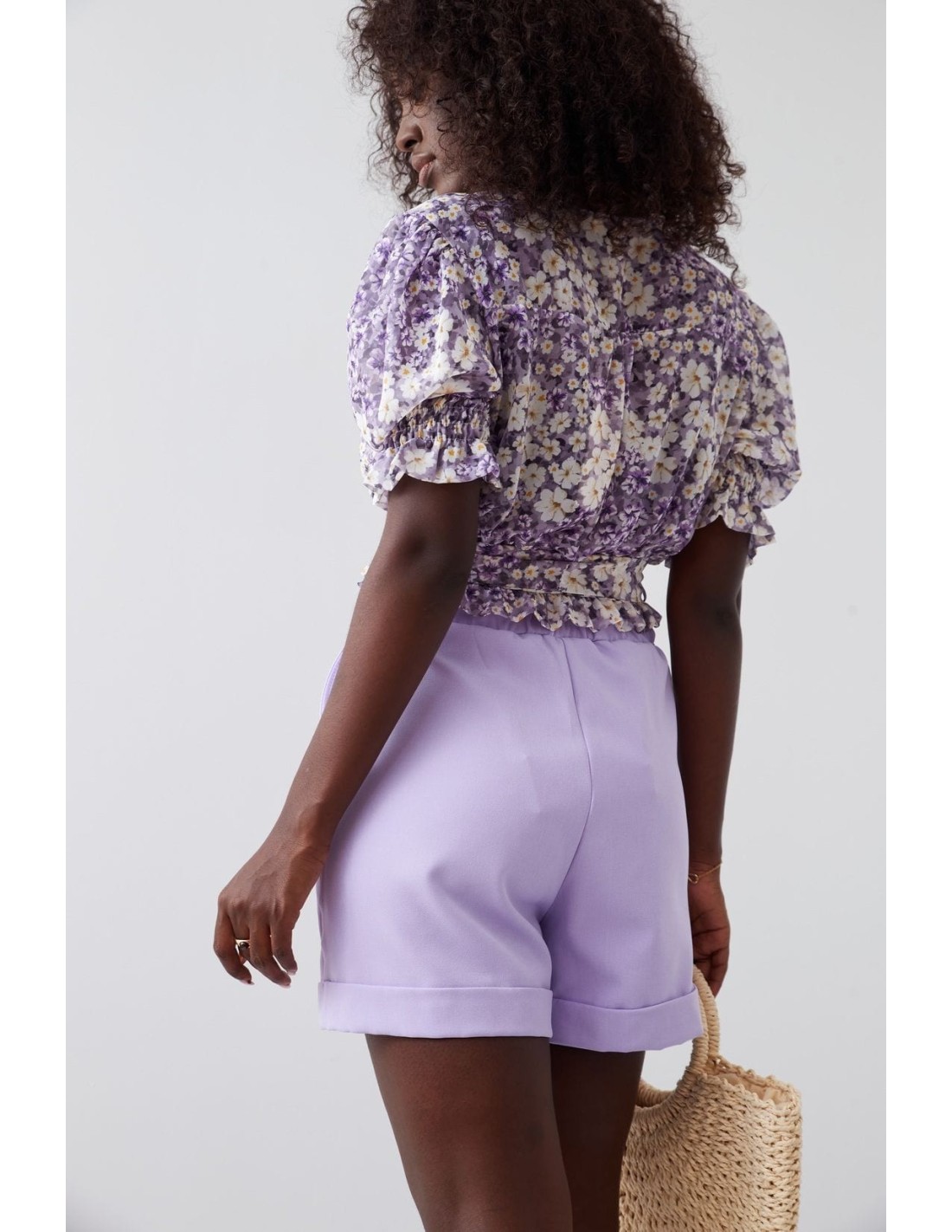 Short envelope blouse with flowers and a belt, purple and cream 02041 - Online store - Boutique